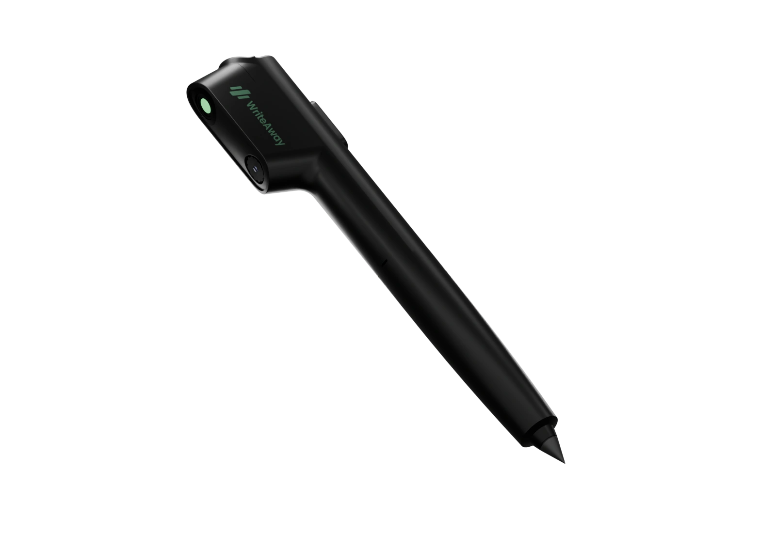 WriteAway pen with its projector aimed left toward the answer and its writing tip angled down to the right