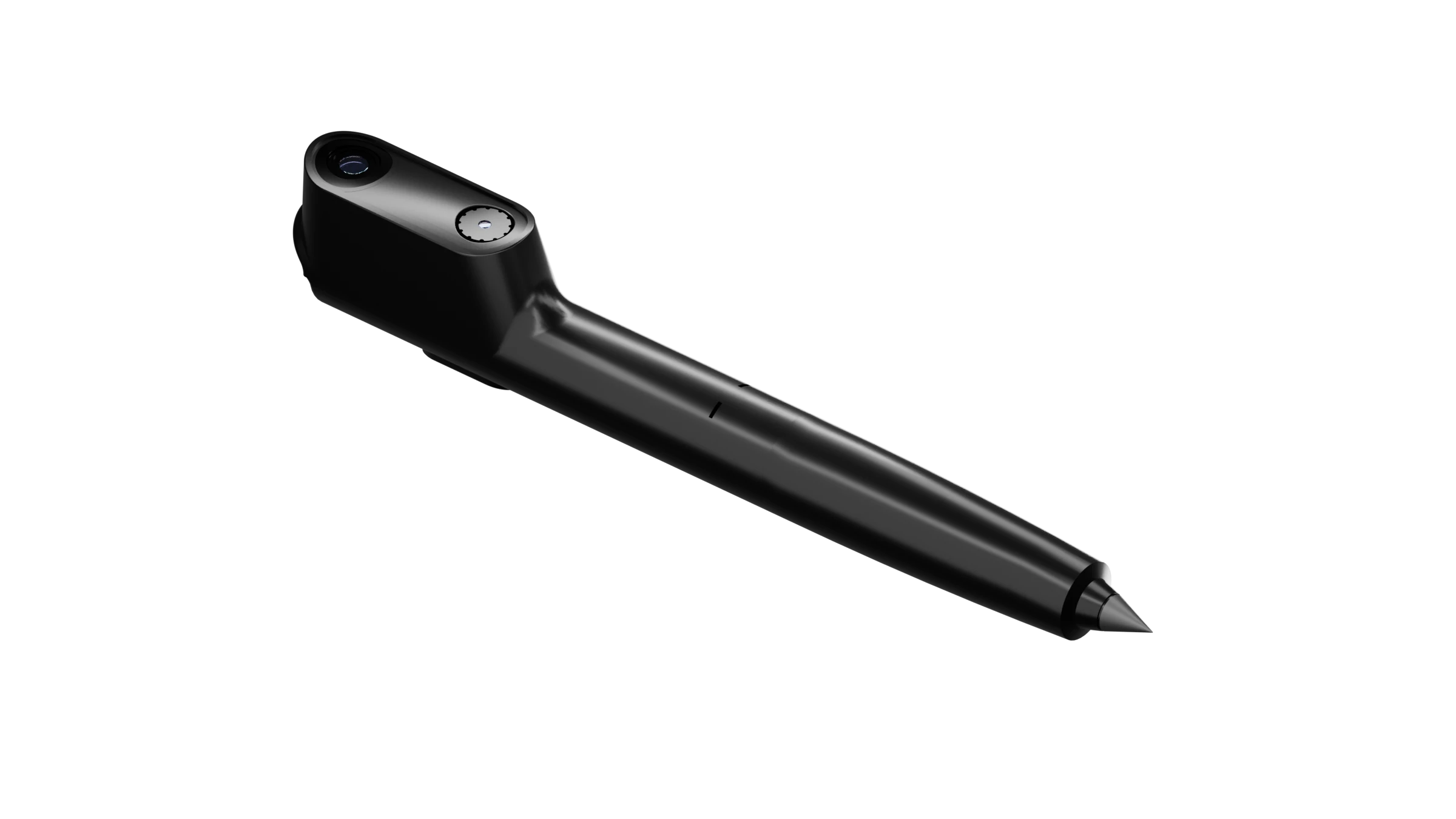 WriteAway pen showing its projector lens, camera and inkless tip